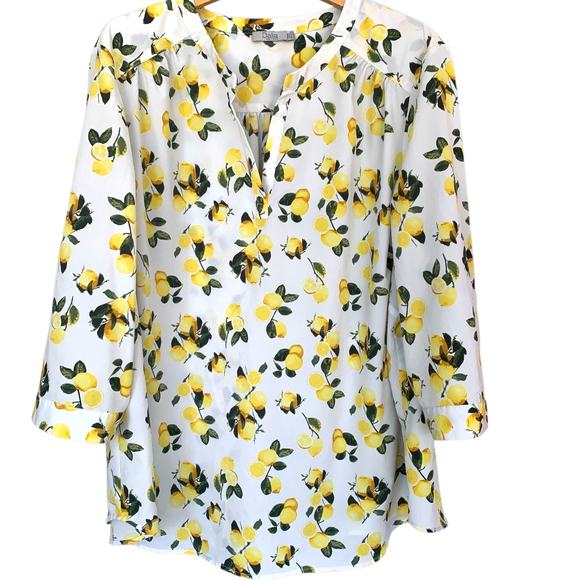 🛍️ Dalia Top Women's Size 2x Colorful Lemons Split Neck Line Tuxedo Pleated Back - Picture 1 of 6